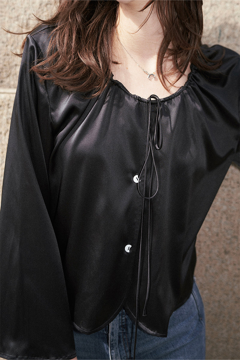 ROUND-NECK DRAWSTRING SILK LONG-SLEEVE SHIRT IN BLACK - CULT MIA
