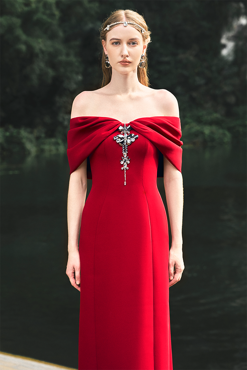 RED GATHERED OFF-SHOULDER GOWN - CULT MIA