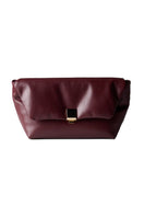 Rose de Mai Faye clutch in burgundy leather with sleek design and gold hardware, perfect for elegant evening outfits.