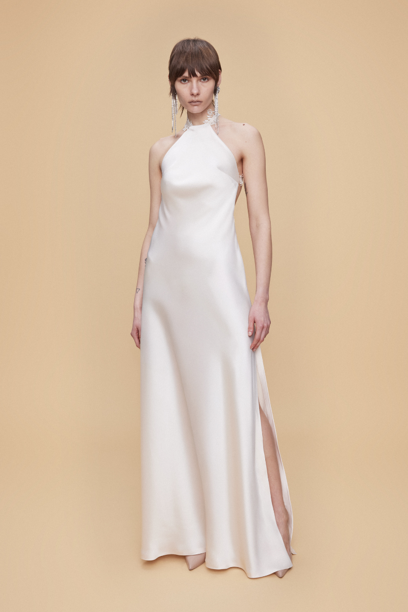 Sudi Etuz Halter Neck Maxi Satin Dress with Lace Trimmings in Ecru | Cult Mia Sudi Etuz Halter Neck Maxi Satin Dress with Lace Trimmings in Ecru | Cult Mia