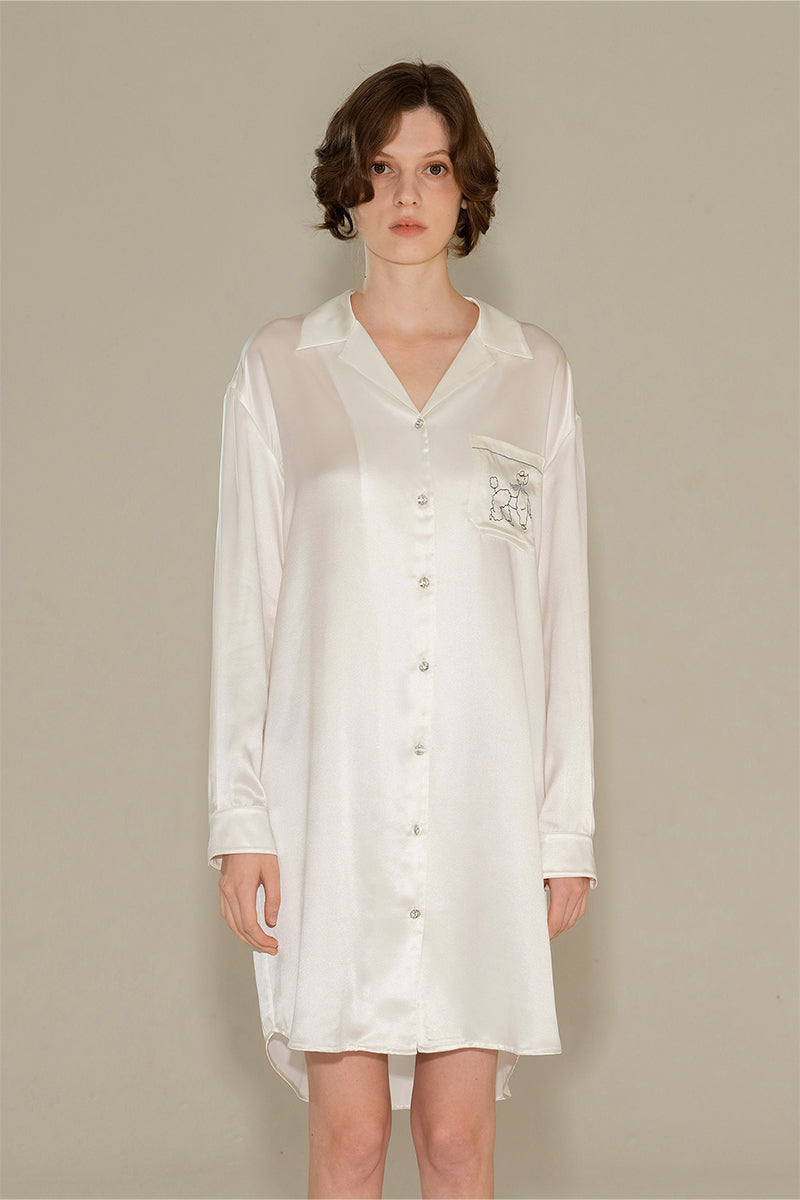 DIAMOND POODLES WHITE SILK SHIRT DRESS - CULT MIA