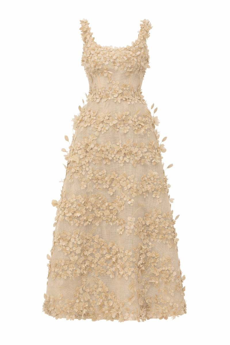 Beige Alessia silk taffeta and tulle maxi dress by 21Six, featuring elegant flowing fabric and intricate design details.