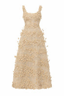 Beige Alessia silk taffeta and tulle gown by 21Six, showcasing elegant fabric details and flowing silhouette.