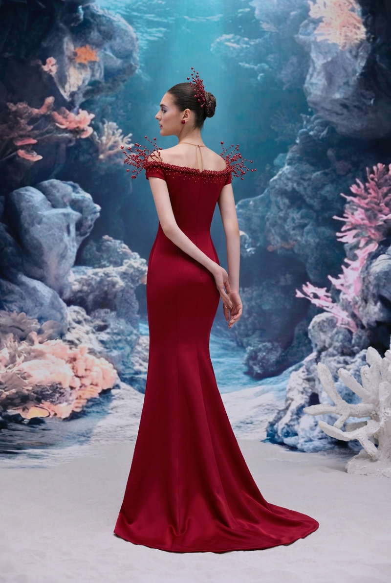 Red Mireille Silk Taffeta gown by 21Six, elegant floor-length dress with a fitted bodice and flowing skirt, perfect for formal occasions.