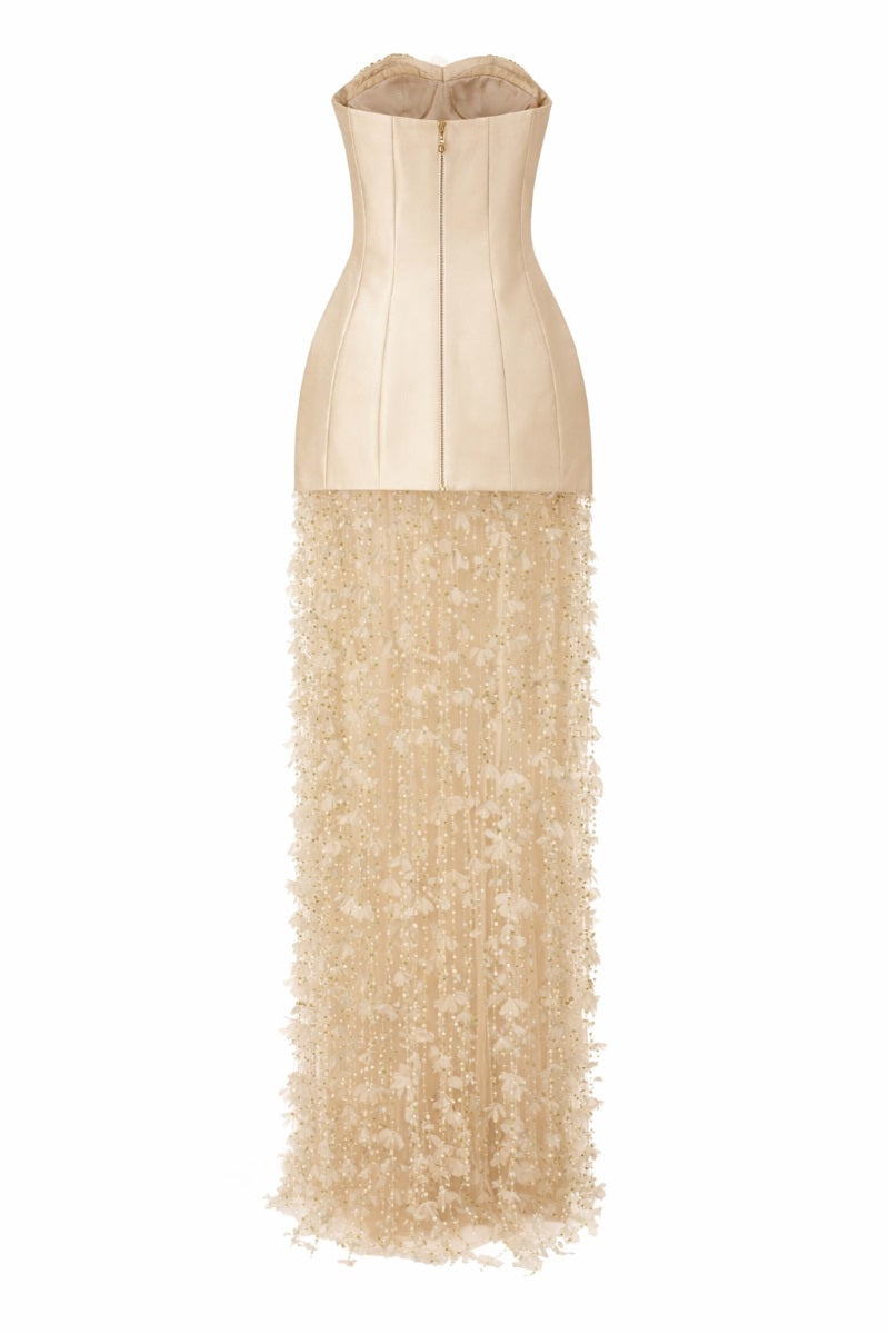 Beige Kailani Royal Taffeta, Tulle, and Organza gown by 21Six, featuring elegant layered fabric and intricate detailing.