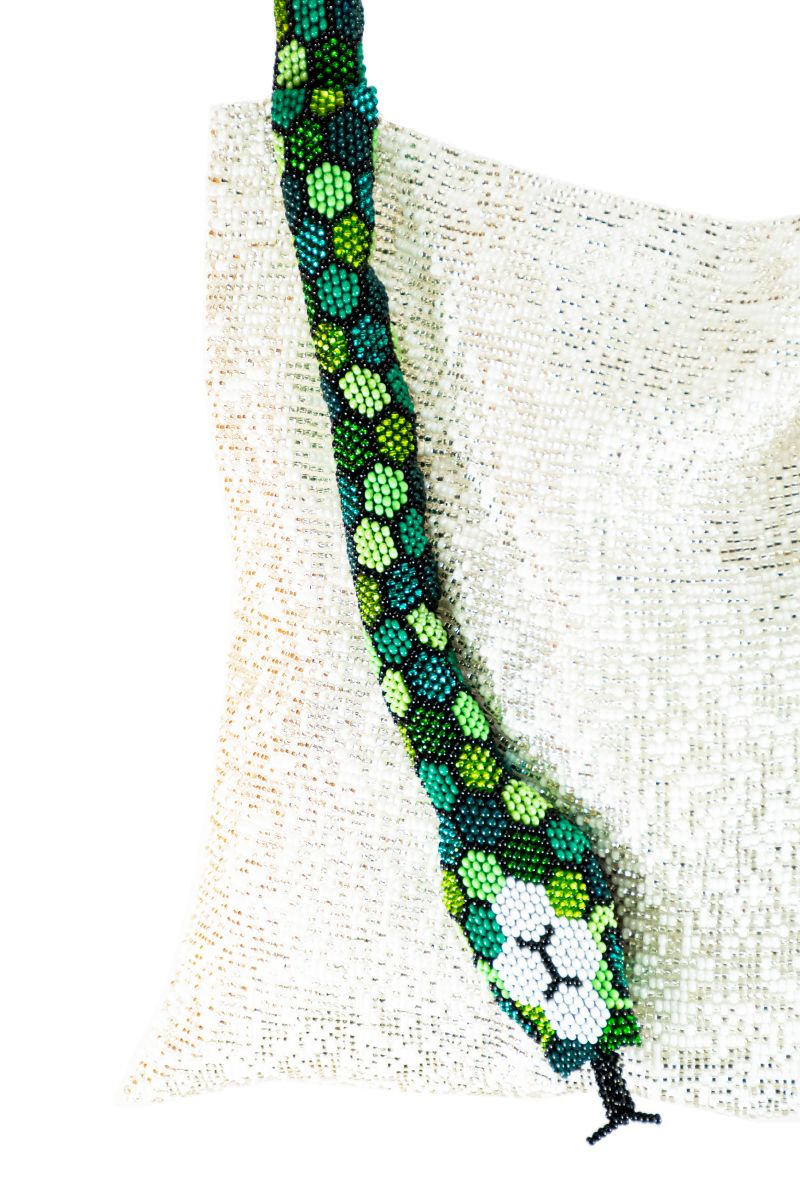 Serpent Big shoulder bag by SAC DE SOUL in white silver with green tones, featuring a textured snake pattern and sleek design.