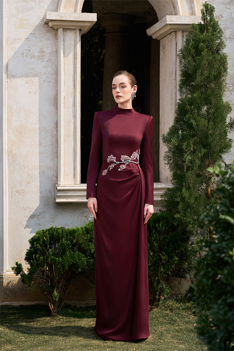 CRYSTAL SILK LONG SLEEVE GOWN IN BURGUNDY