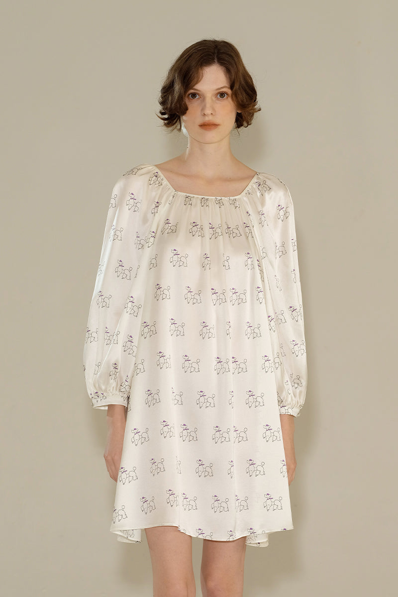 DIAMOND POODLES WHITE SILK PUFF SLEEVE DRESS - CULT MIA