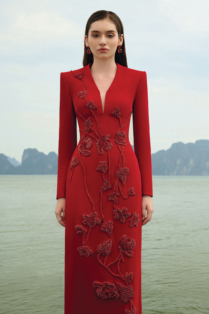 Lune De Soie velvet satin gown featuring a flowing silhouette and elegant design, perfect for formal occasions.