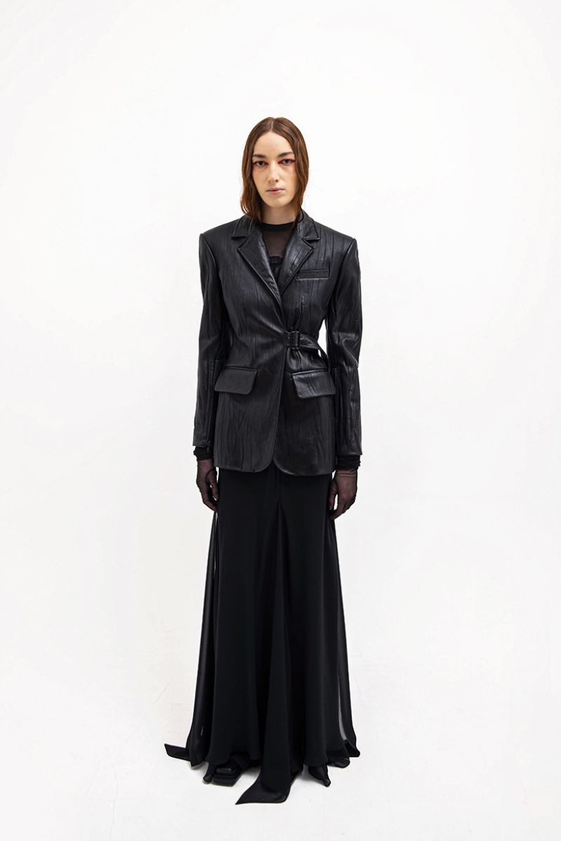 LONG SKIRT WITH LEATHER IN BLACK - CULT MIA