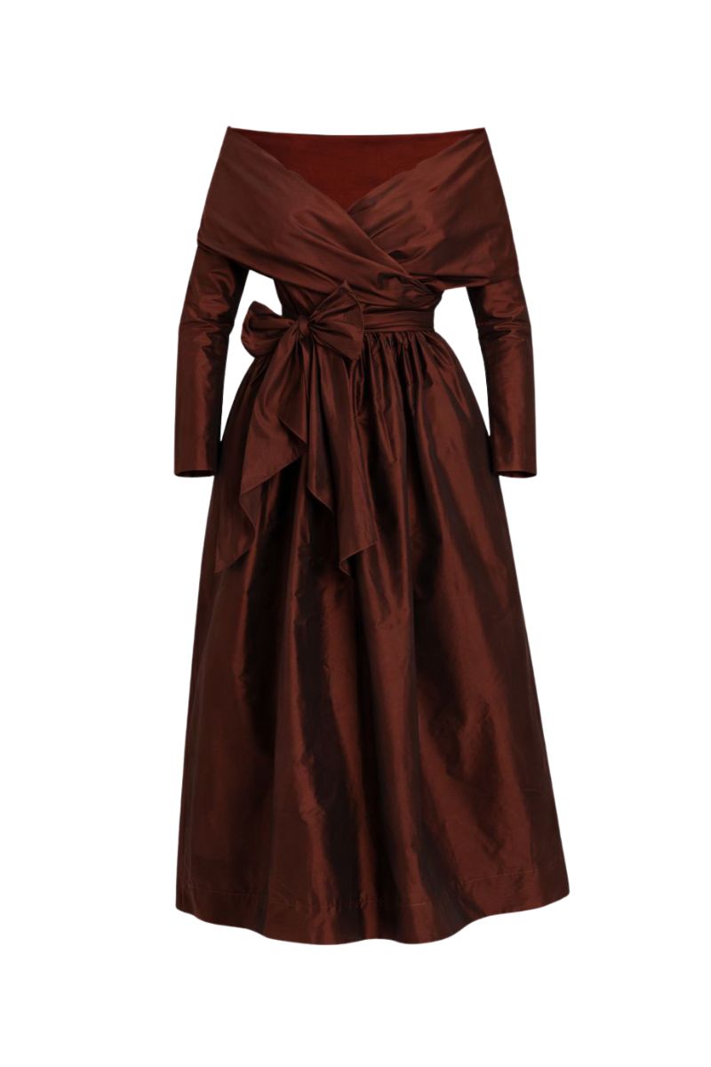 Ana + Maria Sasha Mahogany Midi Dress, elegant women's dress with a flowing silhouette and rich mahogany color.