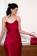 Red Tuscan Rose silk handbag by Not Just Pajama, stylish shoulder bag with elegant design and luxurious fabric.