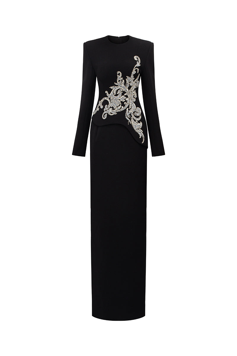 VELVET SATIN LONG SLEEVE GOWN IN BLACK