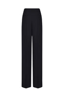LEKIEU Kenya black straight wide-leg pants displayed on a hanger, showcasing the relaxed fit and sleek fabric detail.