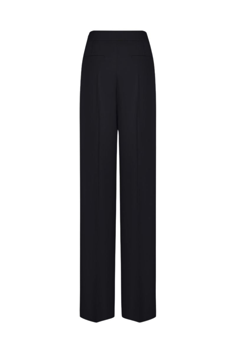 LEKIEU Kenya black straight wide-leg pants displayed on a hanger, showcasing the relaxed fit and sleek fabric detail.