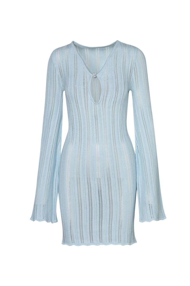 Baobab Lion Dress in crystal blue mini dress with flowing fabric and elegant design, perfect for stylish occasions.