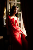 Deme By Gabriella Adriana Red Maxi Dress featuring flowing fabric and sleeveless design, perfect for elegant occasions.