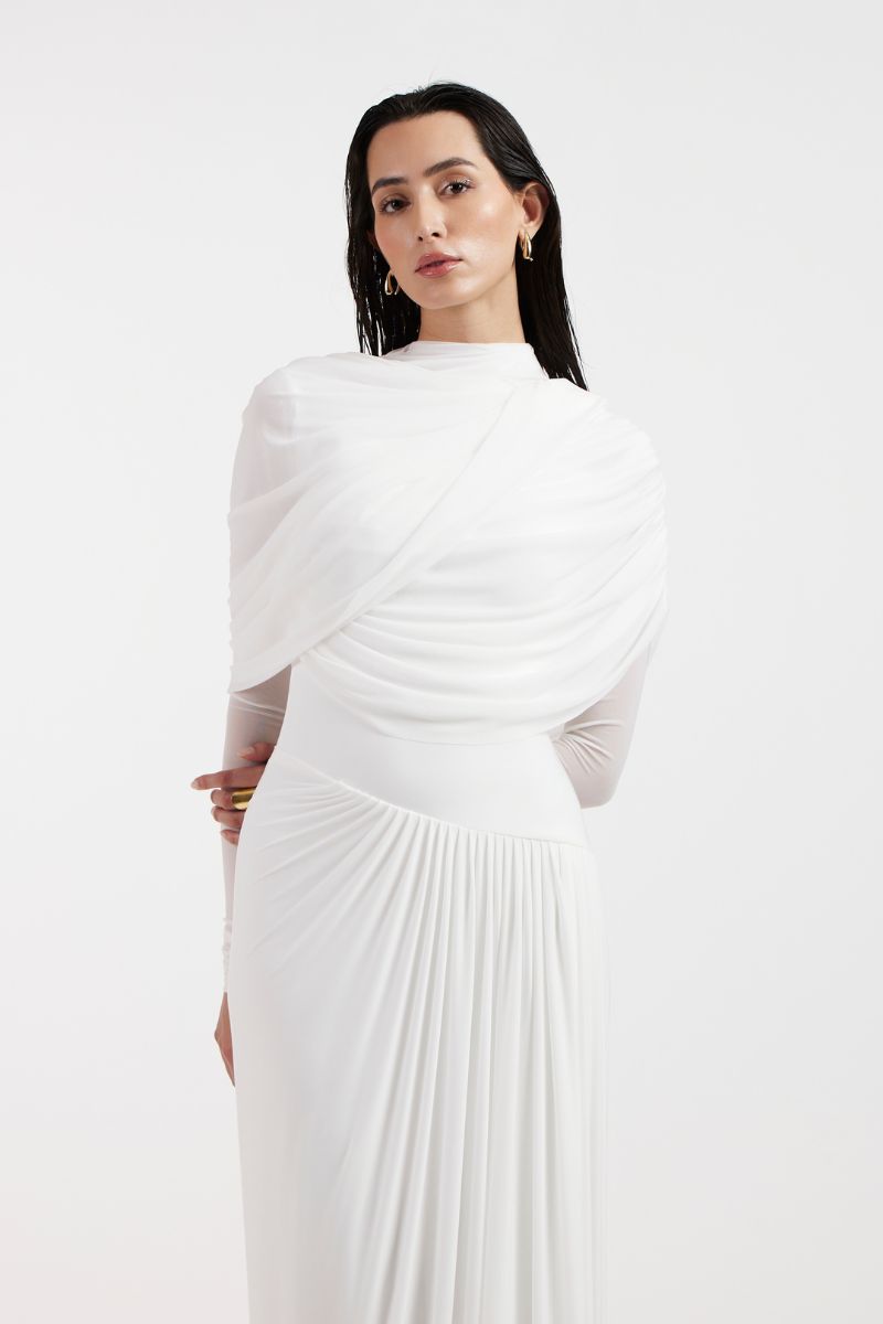 VALERIA WHITE DRAPED GOWN - CULT MIA