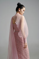 Elegant pearl-colored long gown with a scarf detail by Happy Clothing, featuring a straight silhouette and flowing fabric.
