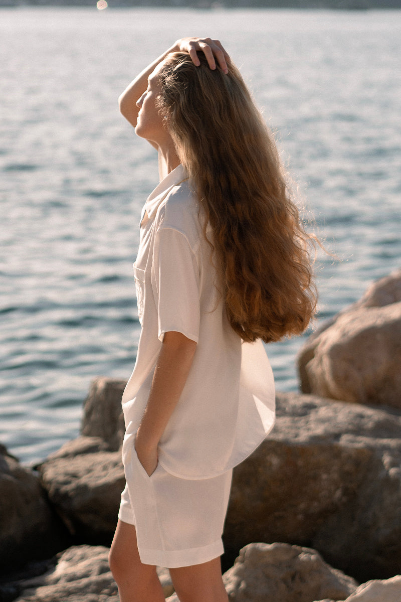 White Hydrasilk short pajamas set by Not Just Pajama featuring smooth, lightweight fabric and a comfortable relaxed fit.