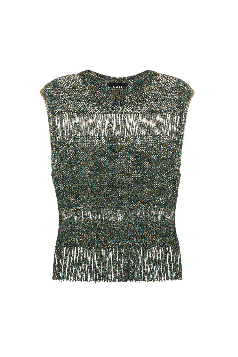 Lalo hand-knit metallic vest with embellishments, stylish top featuring shimmering yarn and decorative details on a model.