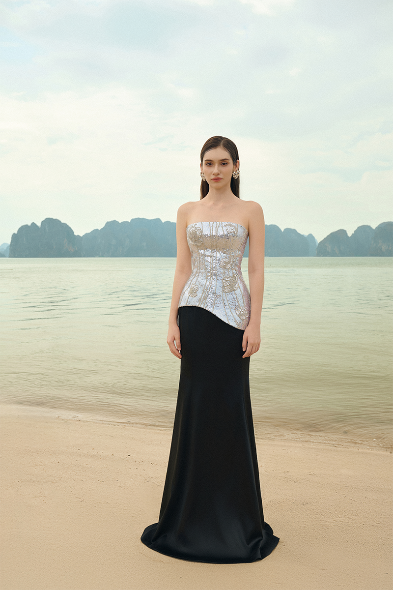 Lune De Soie shimmer taffeta co-ords set featuring a top and skirt with a glossy, elegant finish.