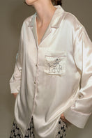 Not Just Pajama diamond poodles contrast silk pajamas set with elegant loungewear, featuring a stylish poodle print on smooth silk fabric.
