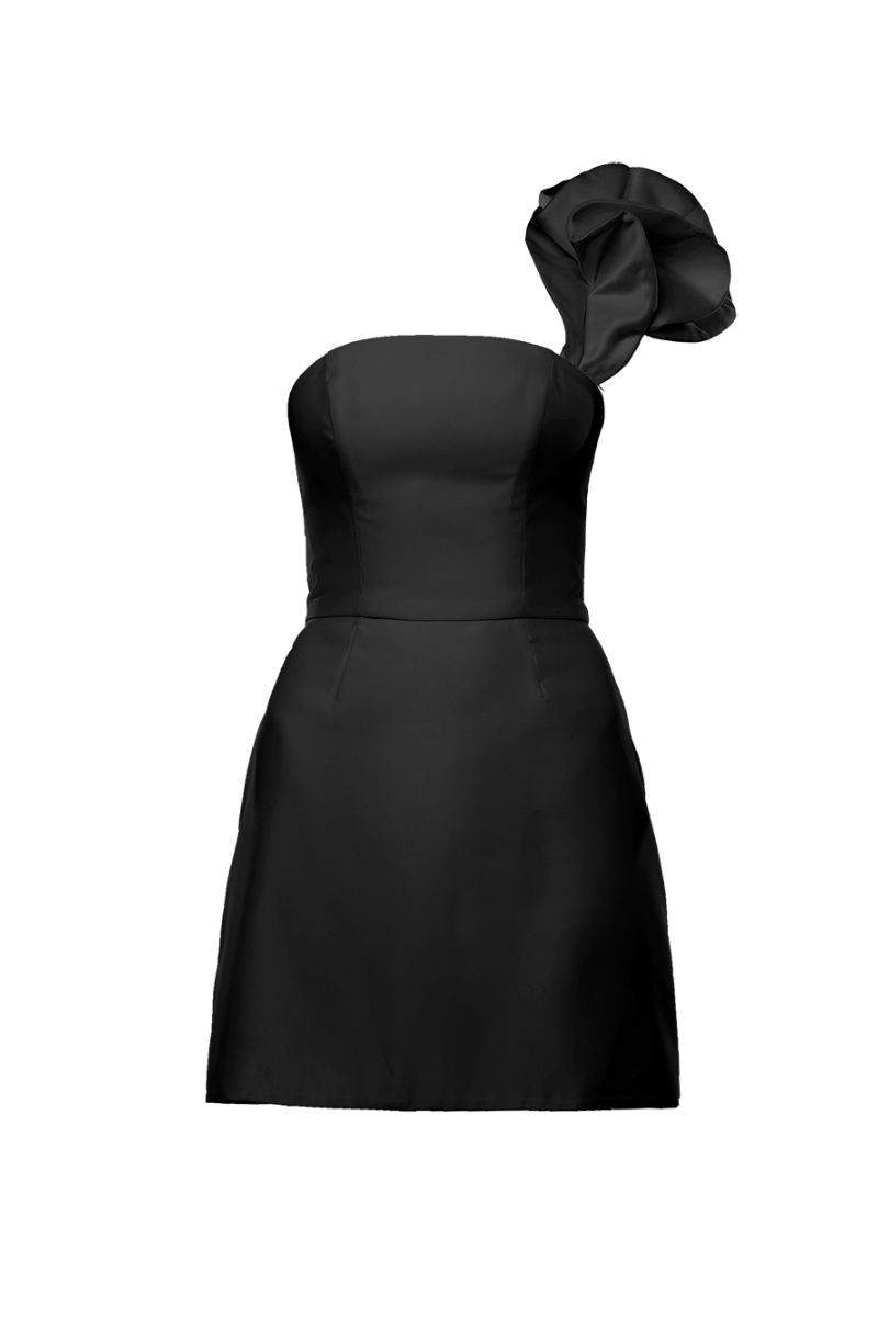 JOY BLACK MINI DRESS WITH BIG FRILL - CULT MIA