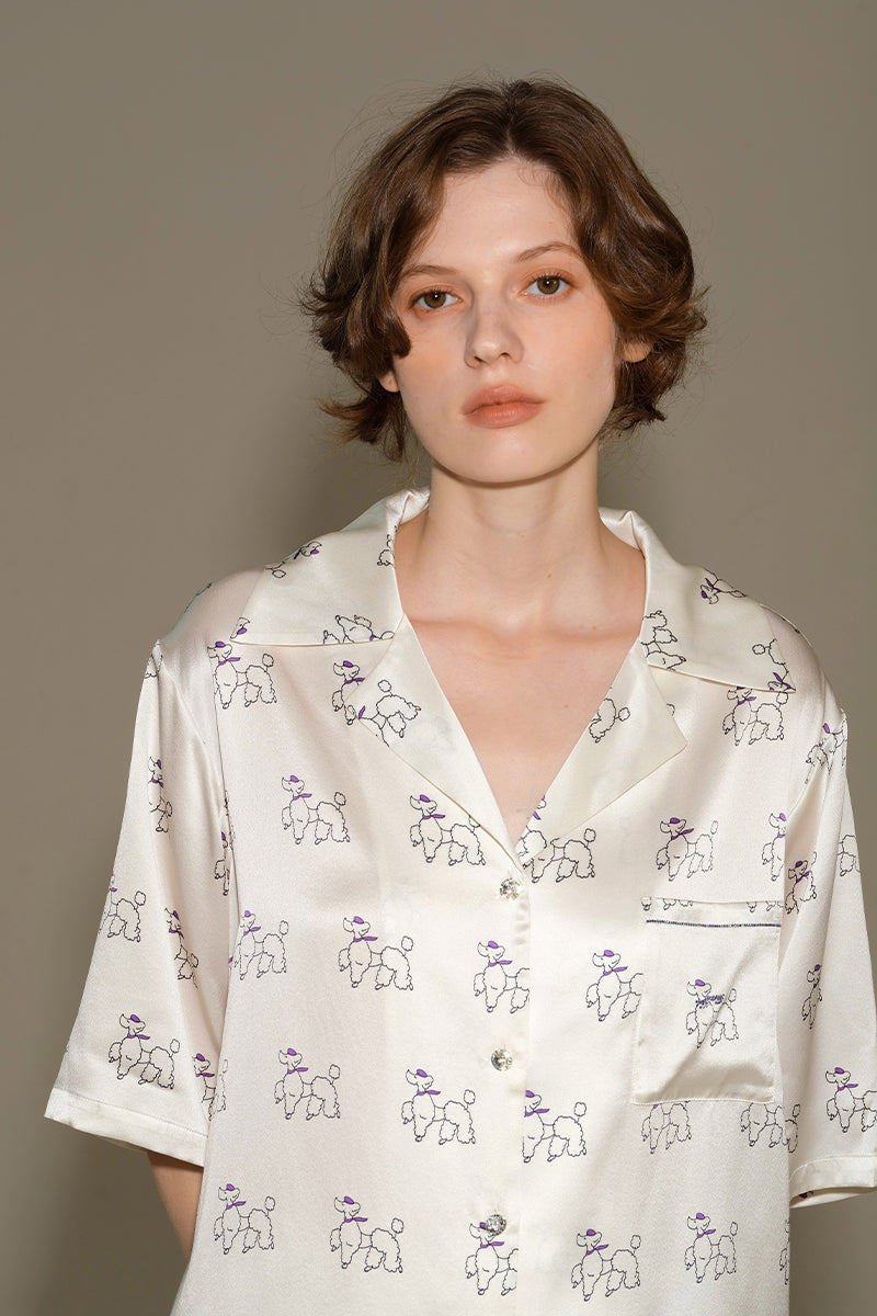 DIAMOND POODLES WHITE SILK PAJAMAS SHORT SET - CULT MIA