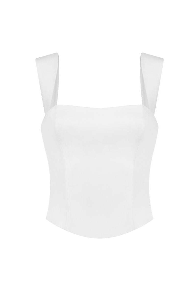 Off-white fitted corset bustier top by Stolen Stores, featuring structured design and lace-up detail, perfect for stylish layering.