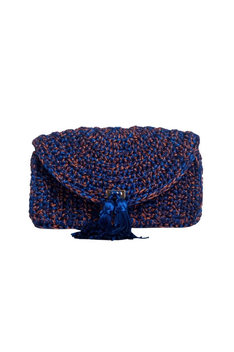Catarina Mina Horizonte terrablue shoulder bag with adjustable strap and woven design, stylish and spacious for everyday use.