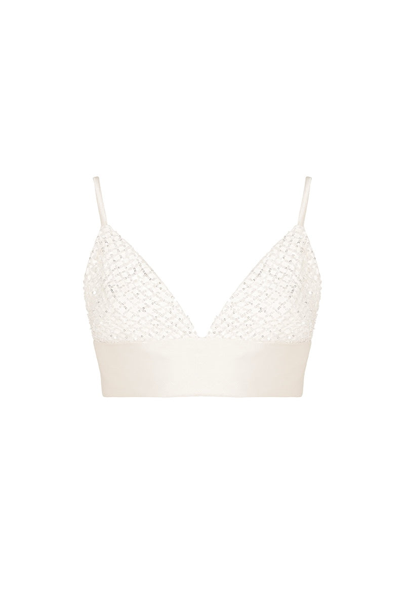Ivory crystal bralette top by Monika Dimova with delicate lace and crystal embellishments, ideal for stylish, elegant wear.