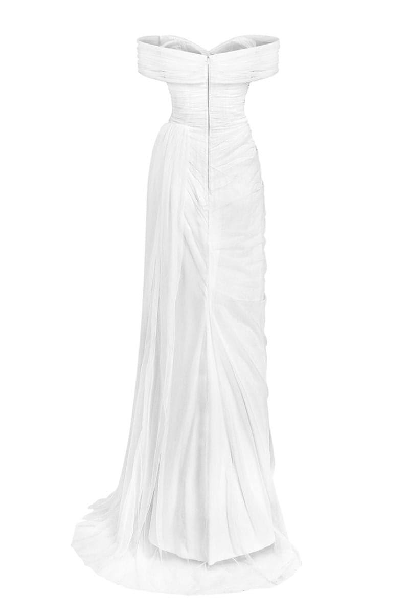 Le Thanh Hoa Sophia Simply White Long Gown featuring elegant, flowing fabric and a classic design perfect for formal occasions.