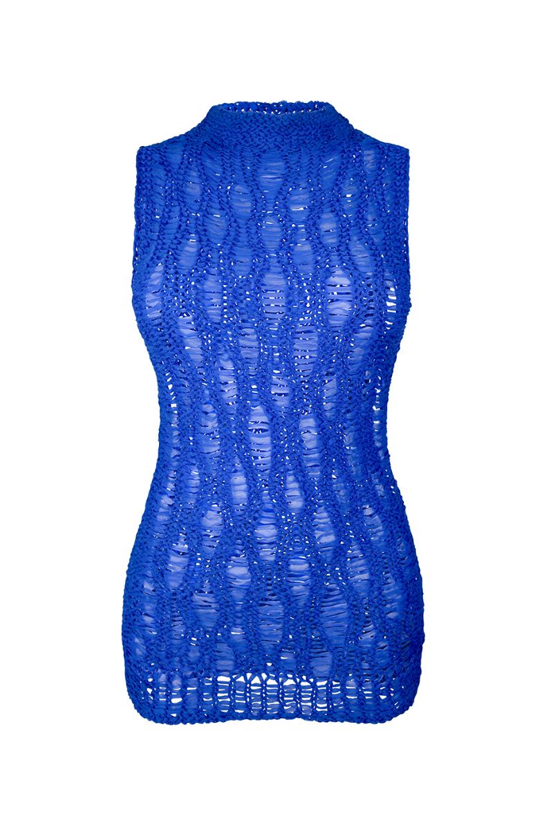ROYAL BLUE SILK MOCK NECK SLEEVELESS SWEATER - CULT MIA