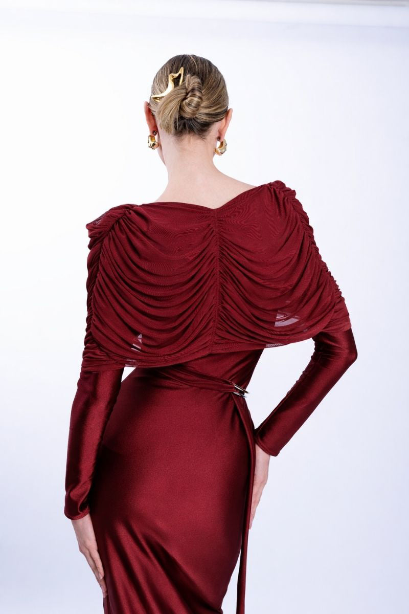 LEDIEL Dakota burgundy gown with flowing fabric and elegant design, perfect for formal occasions.