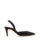 A pair of elegant black satin slingback heels from AERA, featuring pointed toes and a sleek, stylish design.