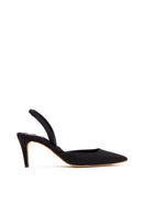 A pair of elegant black satin slingback heels from AERA, featuring pointed toes and a sleek, stylish design.