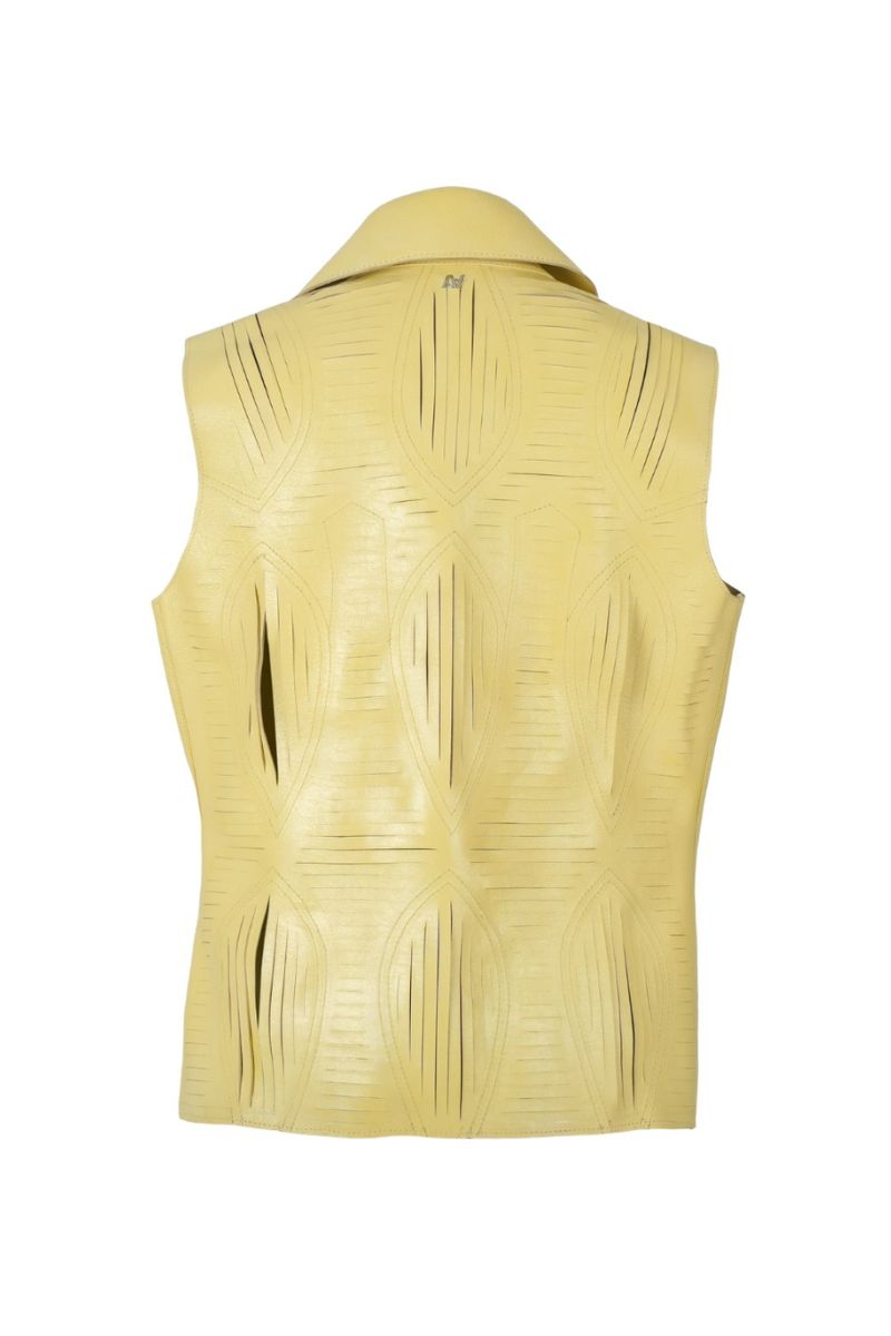 Double A Jayden leather vest in butter yellow, stylish sleeveless vest with smooth leather texture and classic design.