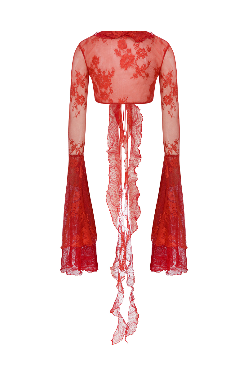 Sudi Etuz lace tie-up top featuring delicate lace fabric, adjustable tie straps, and a stylish, fitted design for women.