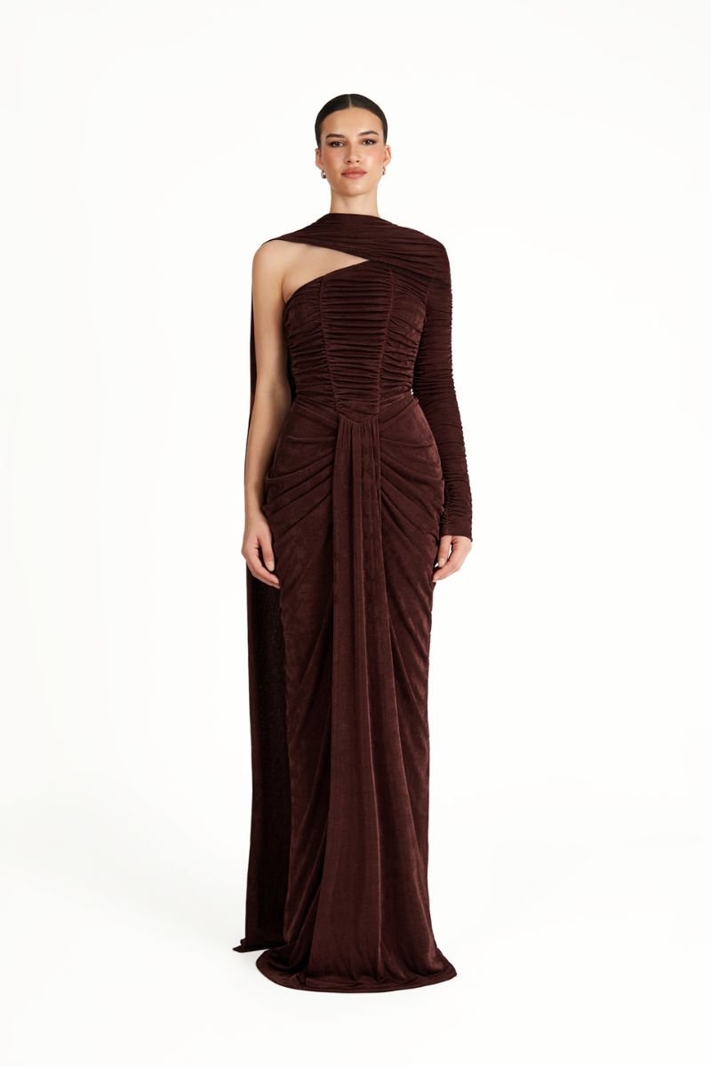 KEMMIYE brown maxi dress by Khanum's featuring flowing fabric and elegant design, ideal for casual or formal wear.