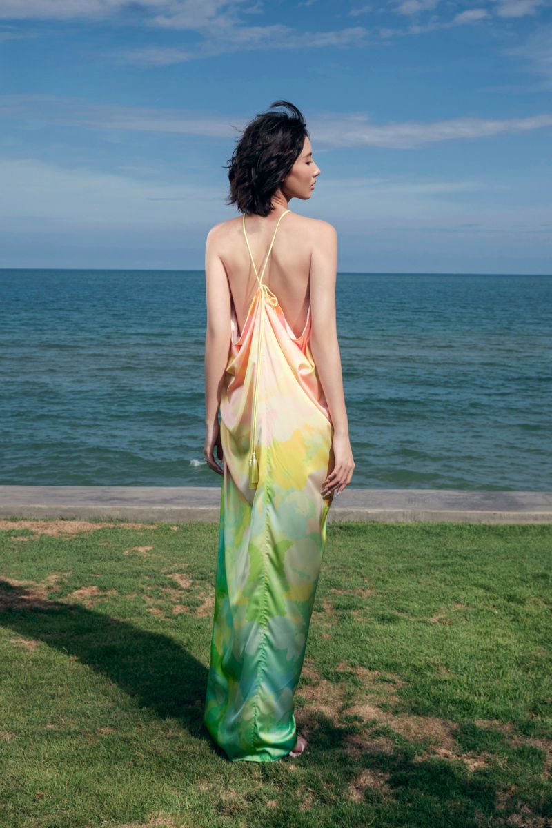 ARMANDE HALTER GATHERED SILK SATIN FLOOR LENGTH DRESS - CULT MIA