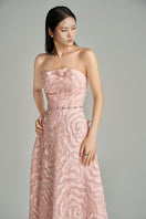HAPPY CLOTHING CULT MIA X FLOWER WAVE A LINE gown in pink with matching scarf, elegant floral design and fitted silhouette.
