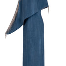 Blue GVLUX asymmetrical column maxi dress with draped cape sleeve, elegant and flowing for formal occasions.