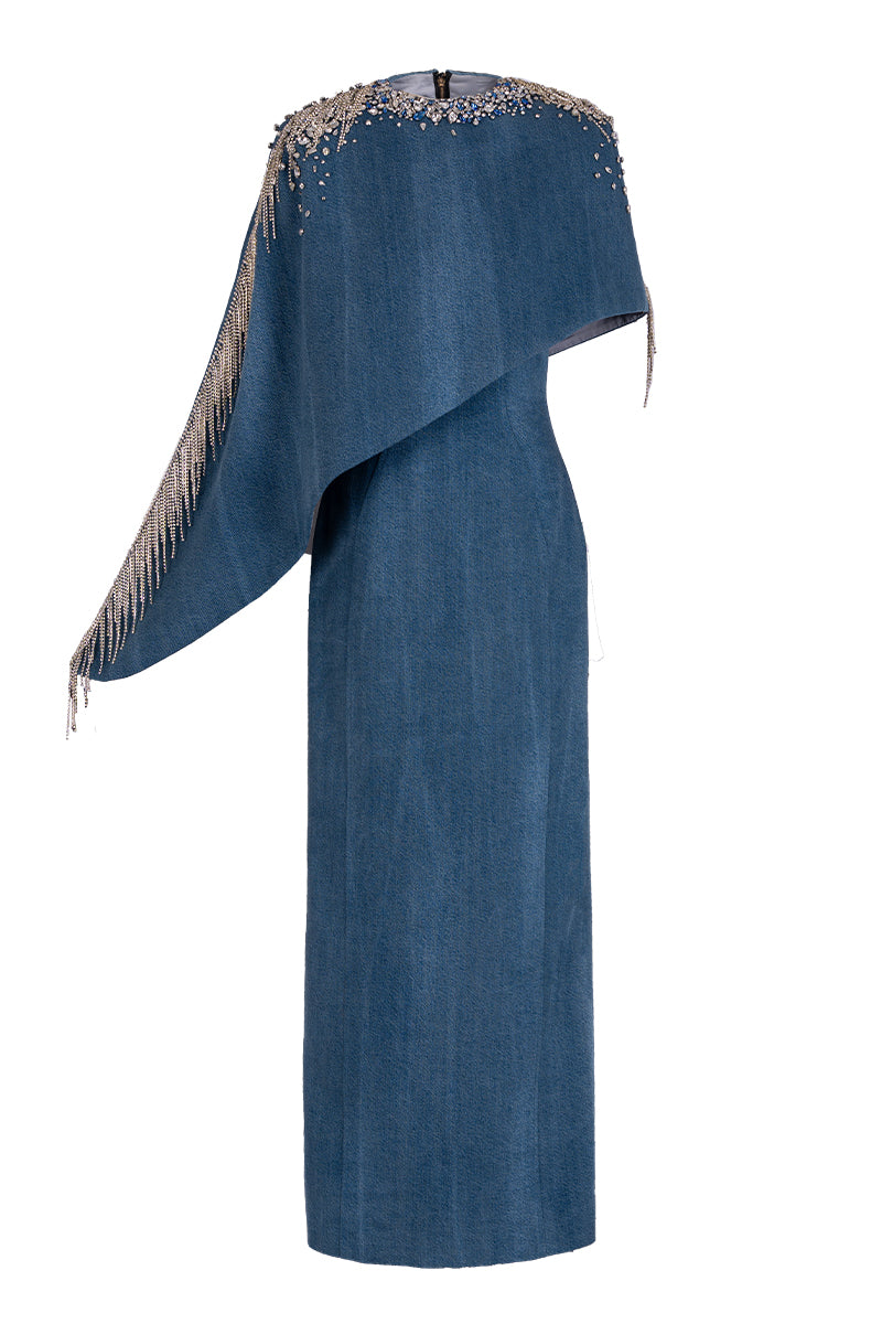 Blue GVLUX asymmetrical column maxi dress with draped cape sleeve, elegant and flowing silhouette.