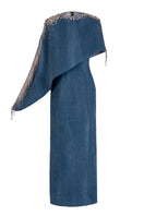 Blue GVLUX asymmetrical column maxi dress with draped cape sleeve, elegant and flowing for formal occasions.