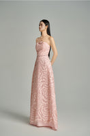 Pink CULT MIA X HAPPY CLOTHING flower wave A-line gown with matching scarf, featuring floral patterns and a flowing silhouette.