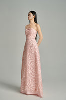 Pink CULT MIA X HAPPY CLOTHING flower wave A-line gown with matching scarf, elegant and flowy evening dress.