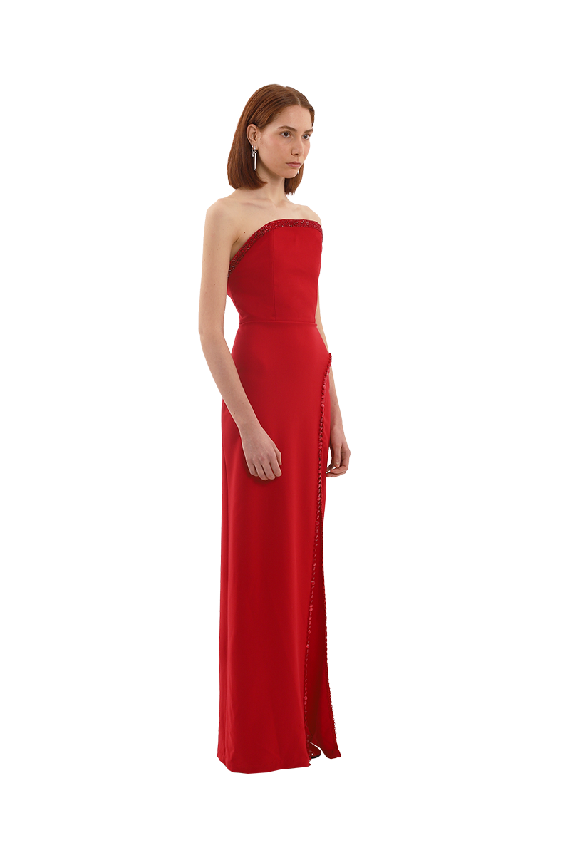 RED CRYSTAL BUTTONS LONG DRESS - CULT MIA