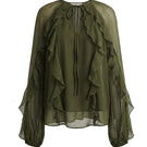 OvertheSea Petal Blouse in olive green, stylish women's tops with floral petal design and flowy fabric, front view.