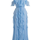 OvertheSea West Coast Blue maxi dress shown on model, flowing blue fabric with a relaxed fit perfect for summer wear.
